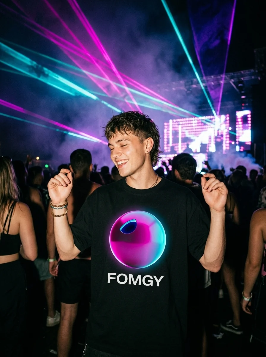FOMGY na pista de festival eletrônico e lasers neon