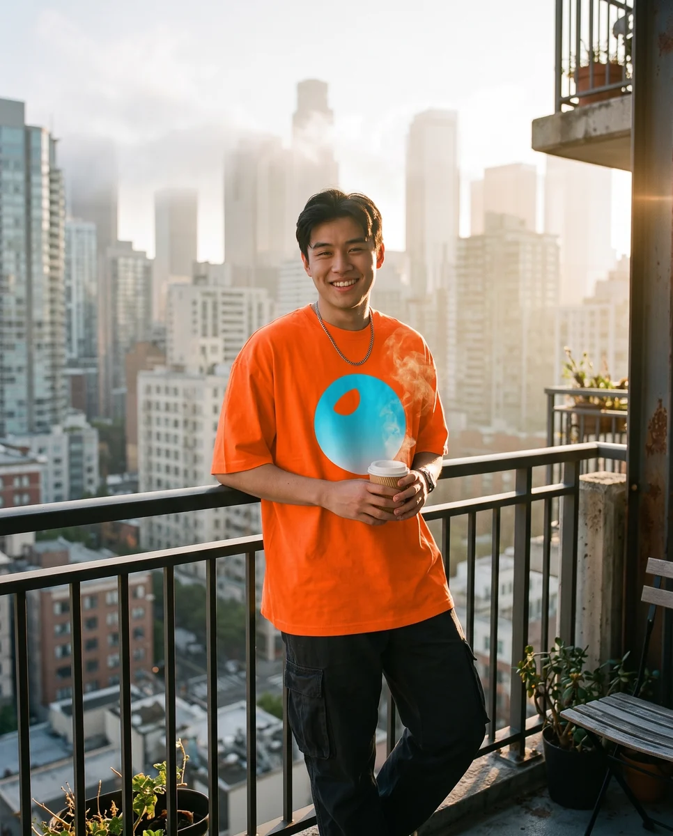 Modelo com café no rooftop da cidade vestindo camiseta FOMGY Solar Orange