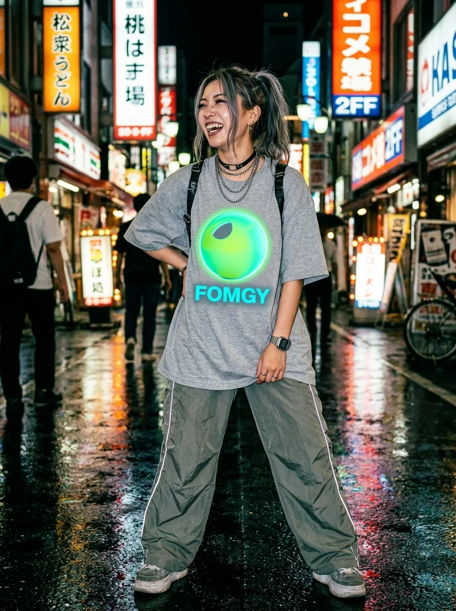 Streetwear FOMGY com flash direto noturno e luzes de neon
